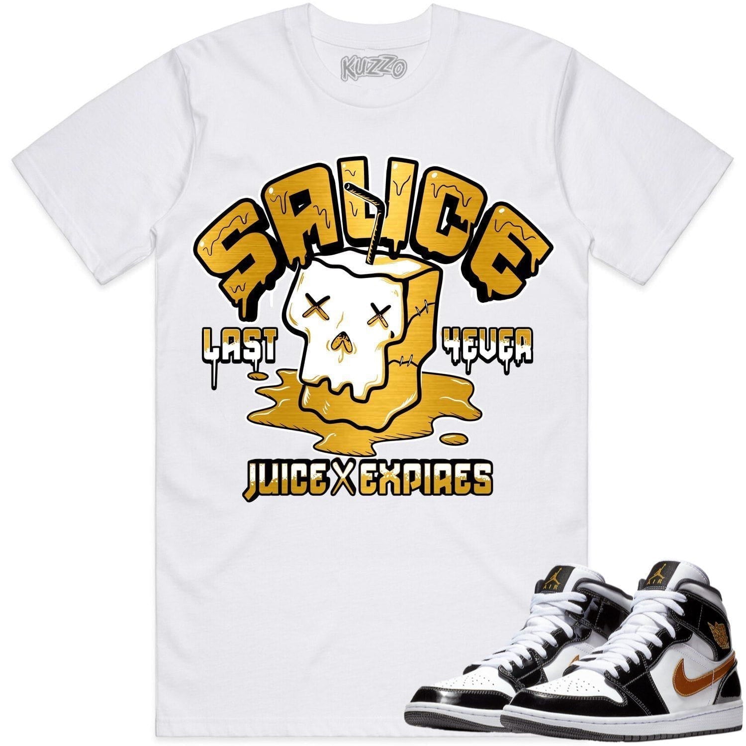 Jordan 1 Mid Patent Black Metallic Gold Shirt to Match - GOLD METALLIC SAUCE