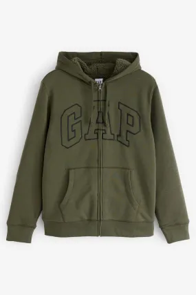 Khaki Green Logo Sherpa-Lined Zip Up Hoodie