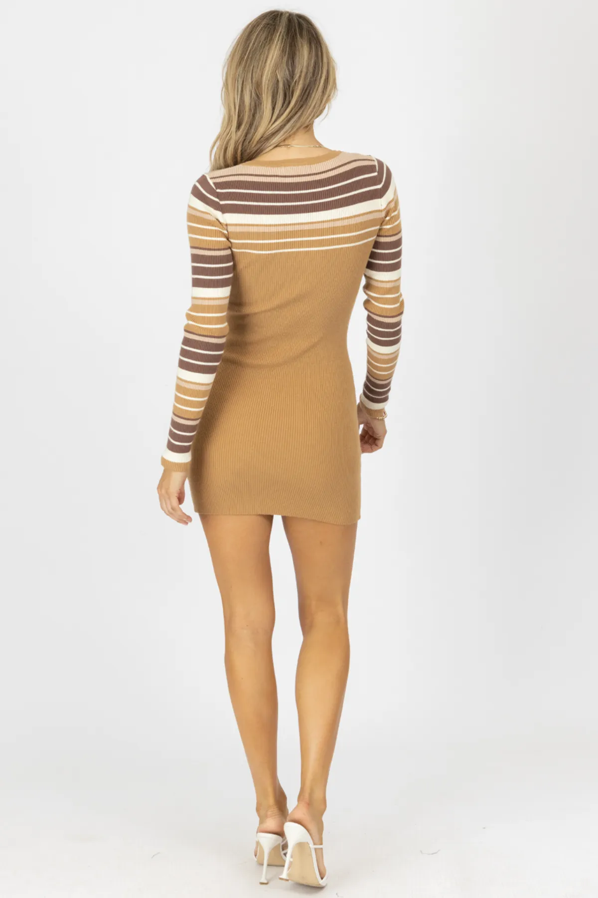 KHAKI STRIPED SLEEVE SWEATER MINI DRESS