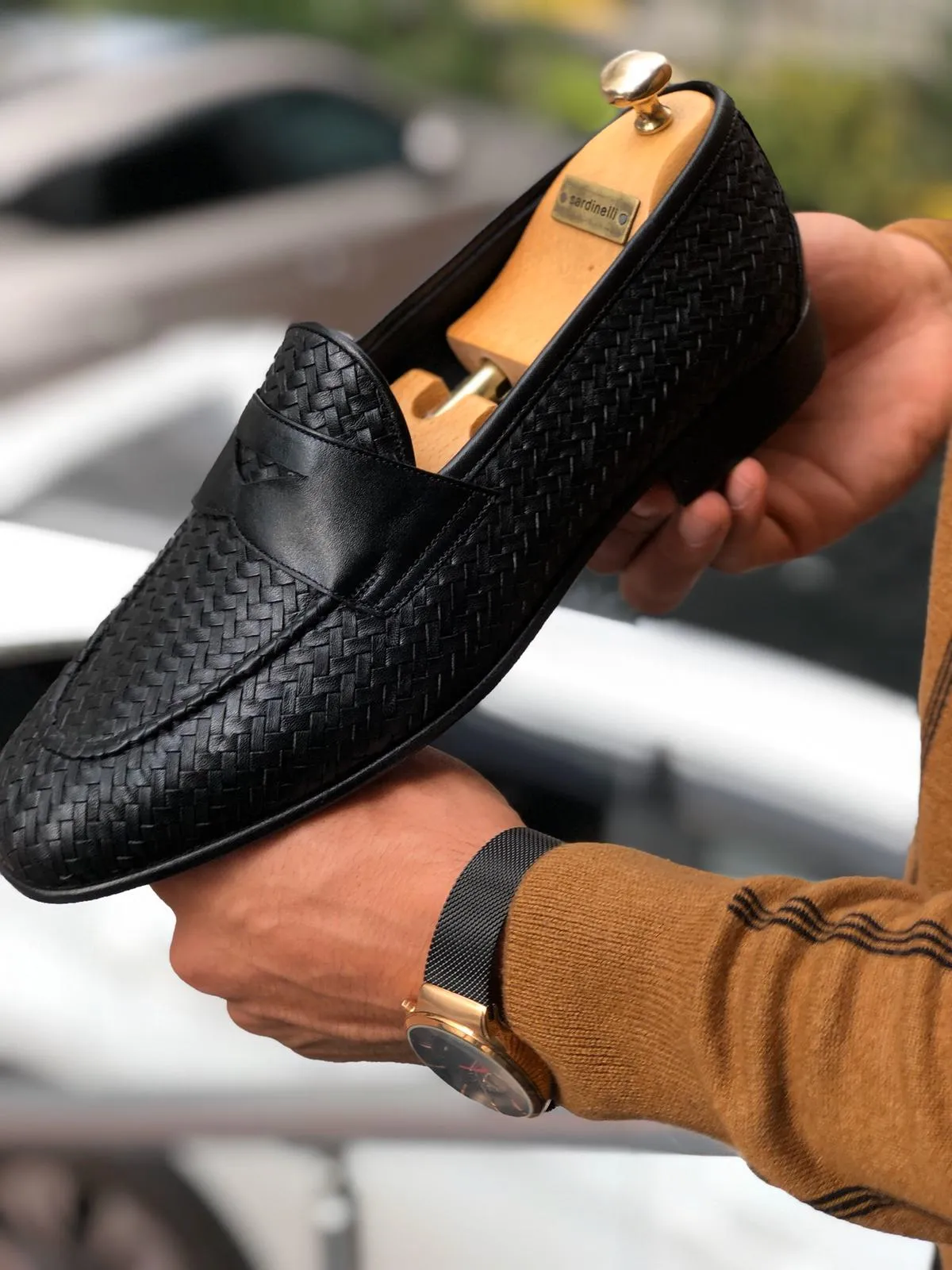 Knitted Leather Sardinelli Loafers Black