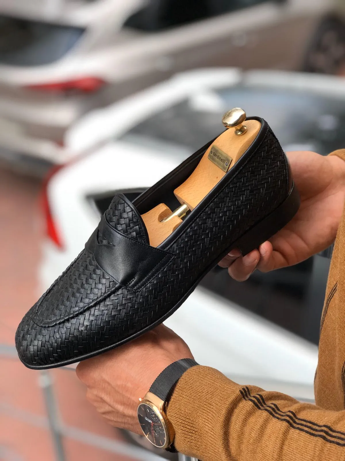 Knitted Leather Sardinelli Loafers Black