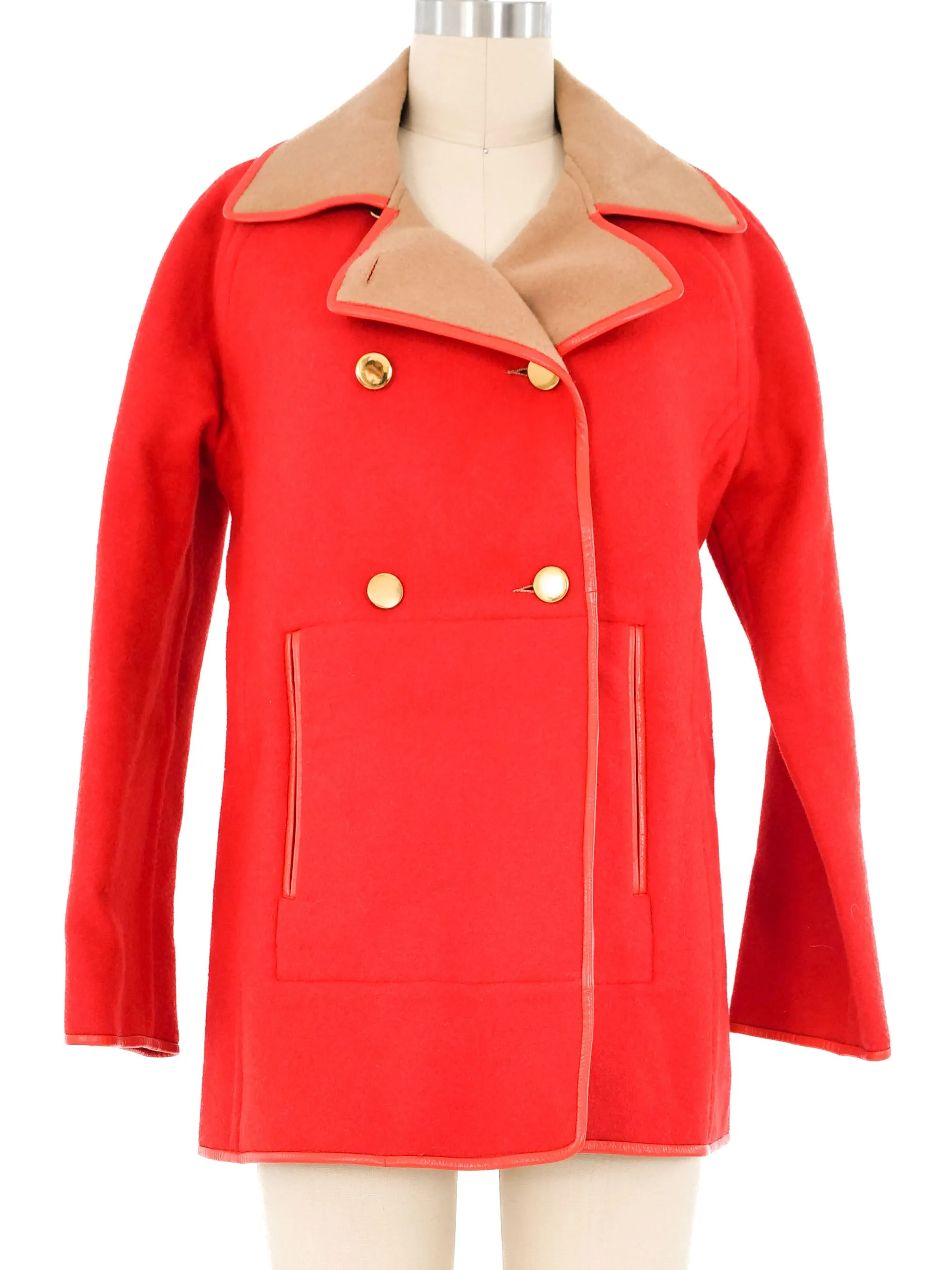 Leather Trimmed Red Felt Coat