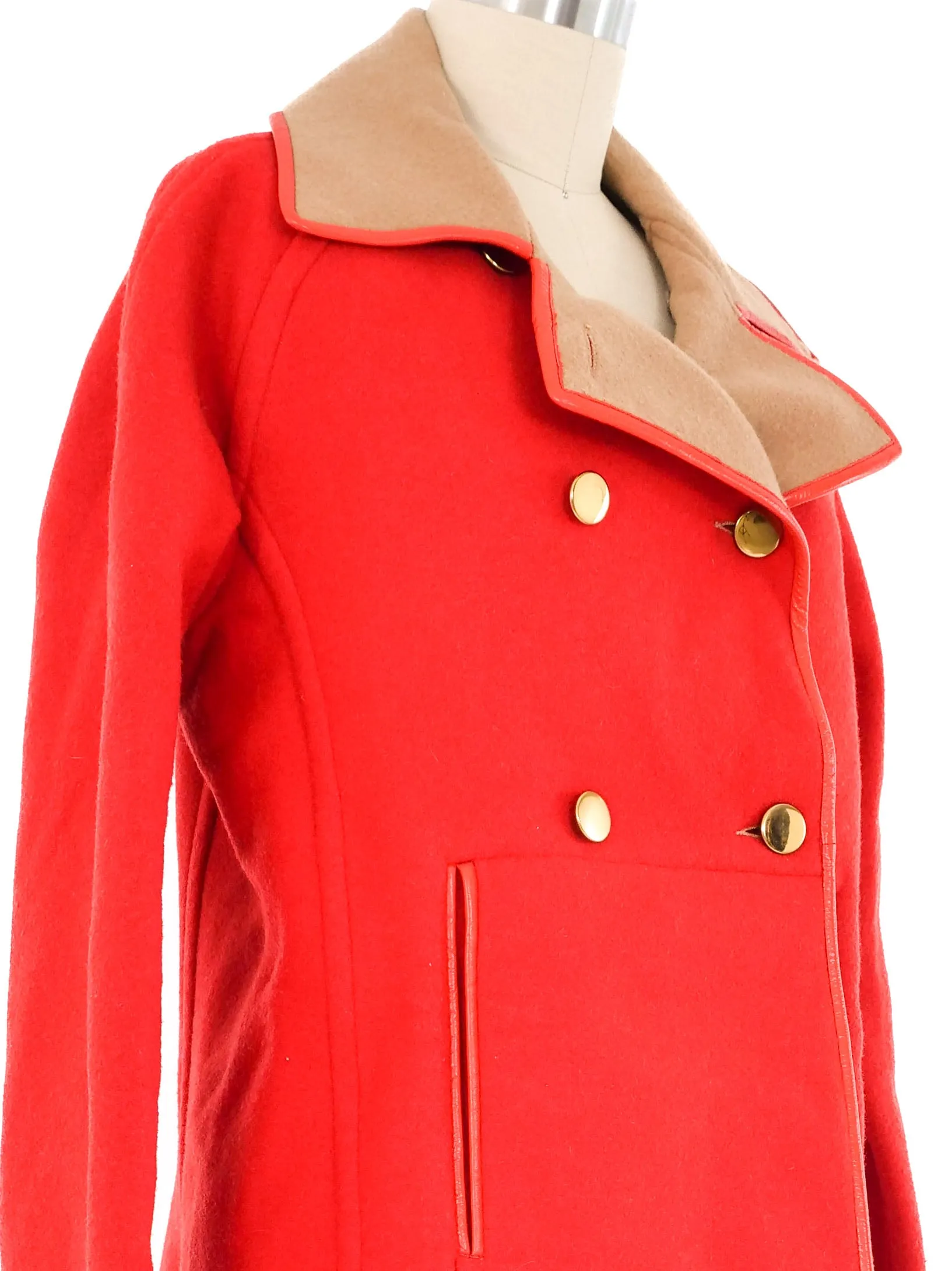 Leather Trimmed Red Felt Coat