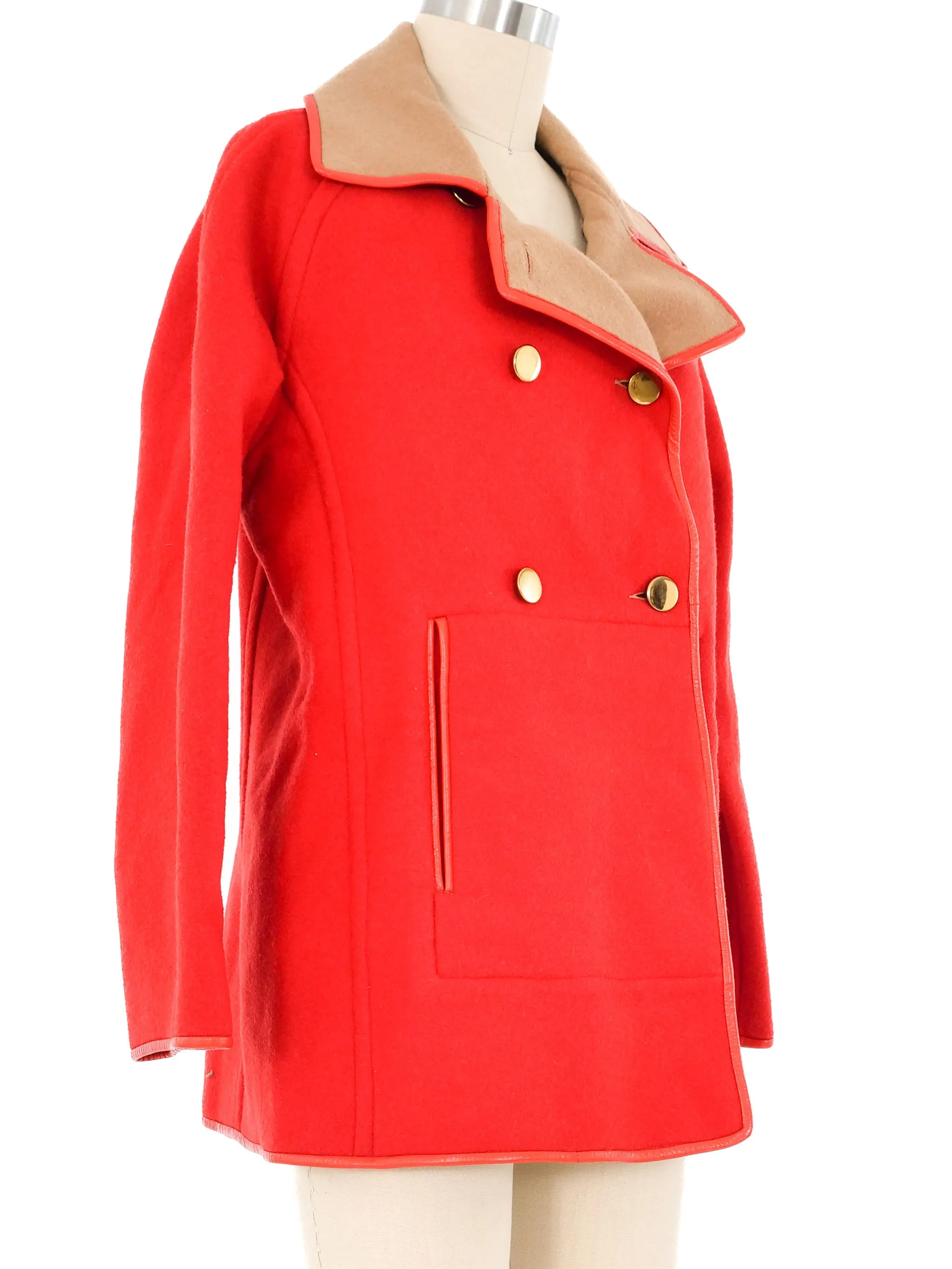 Leather Trimmed Red Felt Coat