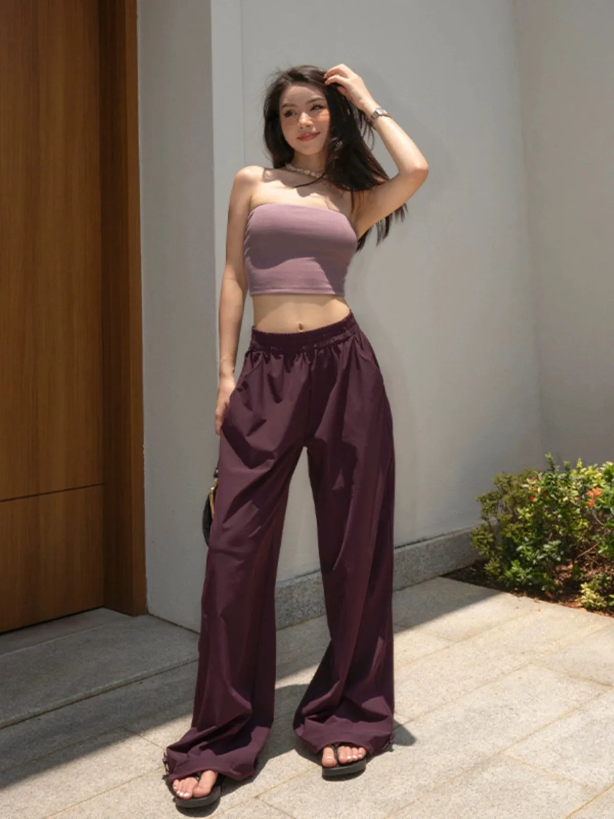 LEIYU Purple Secret Realm quick-drying wide-leg overalls for women summer European and American ins vertical straight casual flo