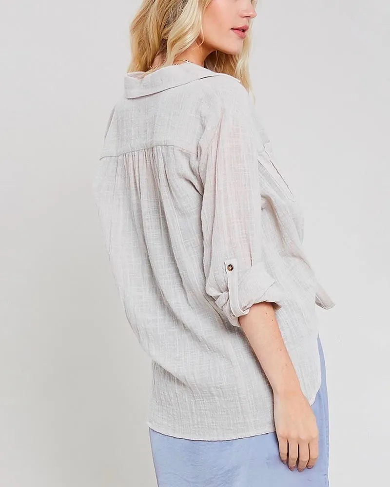 Linen Front Button Down Self-Tie Shirt in Shell