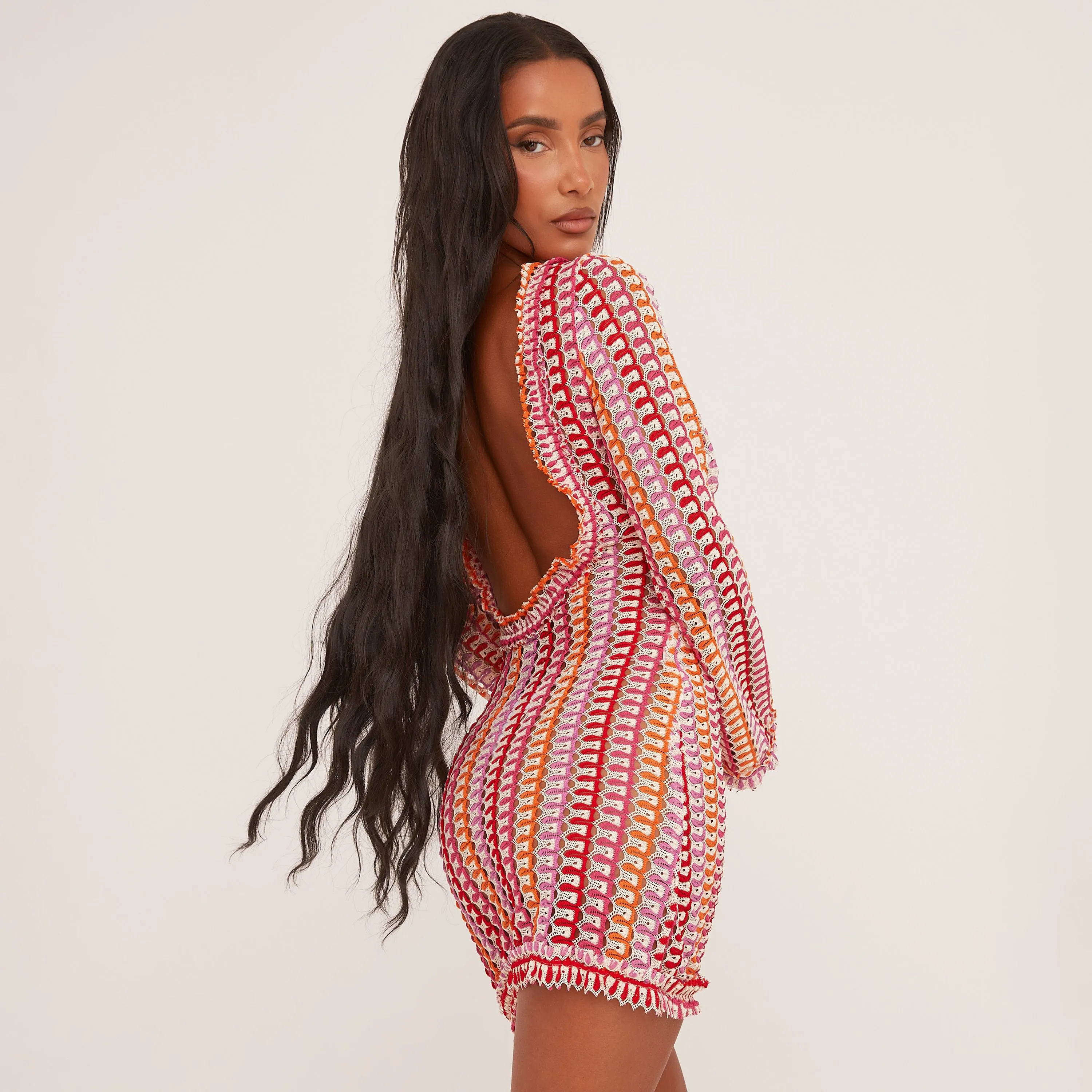 Long Sleeve Frill Edge Open Back Mini Bodycon Beach Dress In Pink Stripe Texture