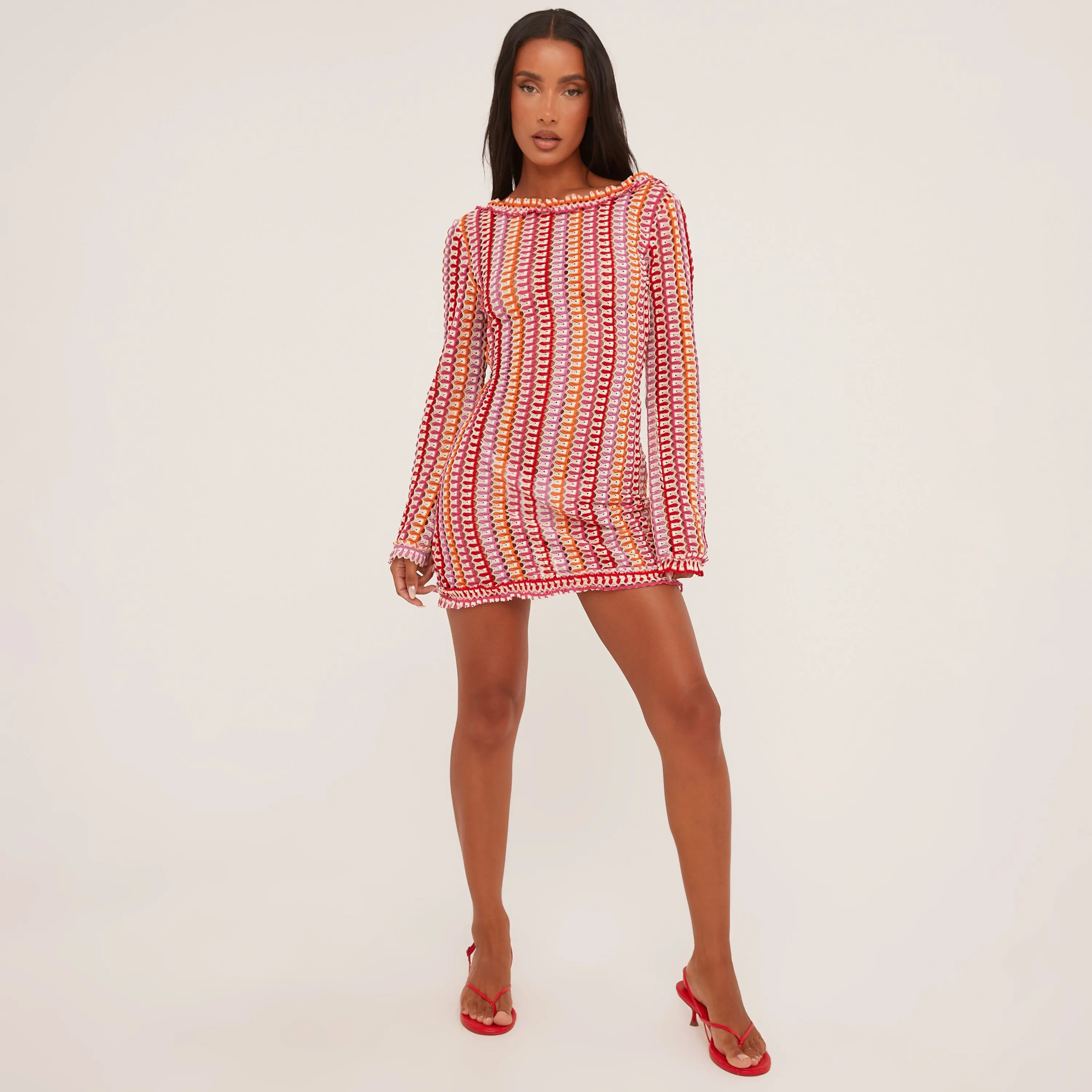 Long Sleeve Frill Edge Open Back Mini Bodycon Beach Dress In Pink Stripe Texture