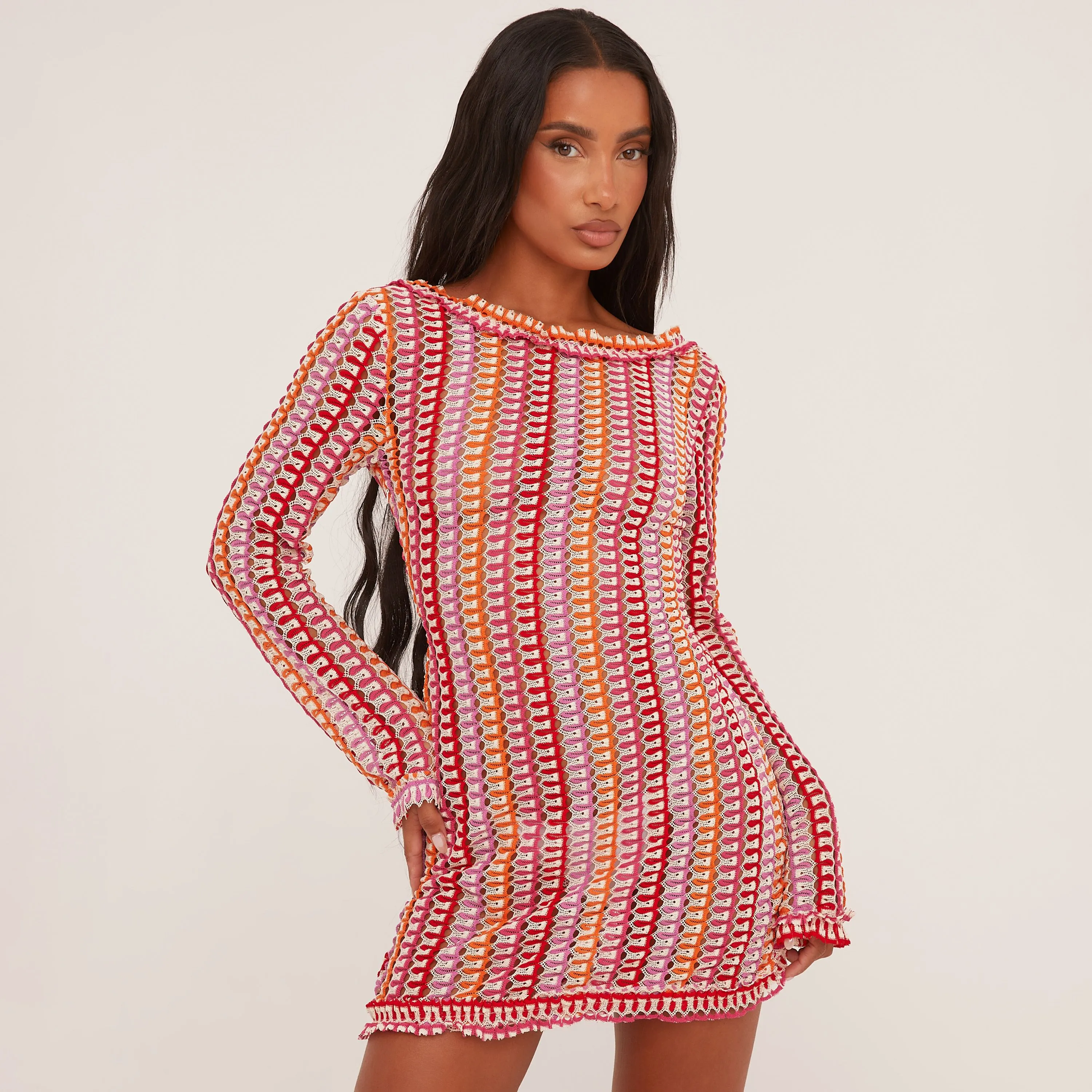 Long Sleeve Frill Edge Open Back Mini Bodycon Beach Dress In Pink Stripe Texture