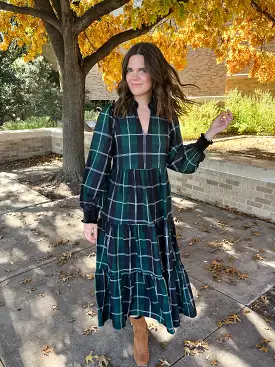 Long Sleeve Plaid Midi Dress- Emerald White