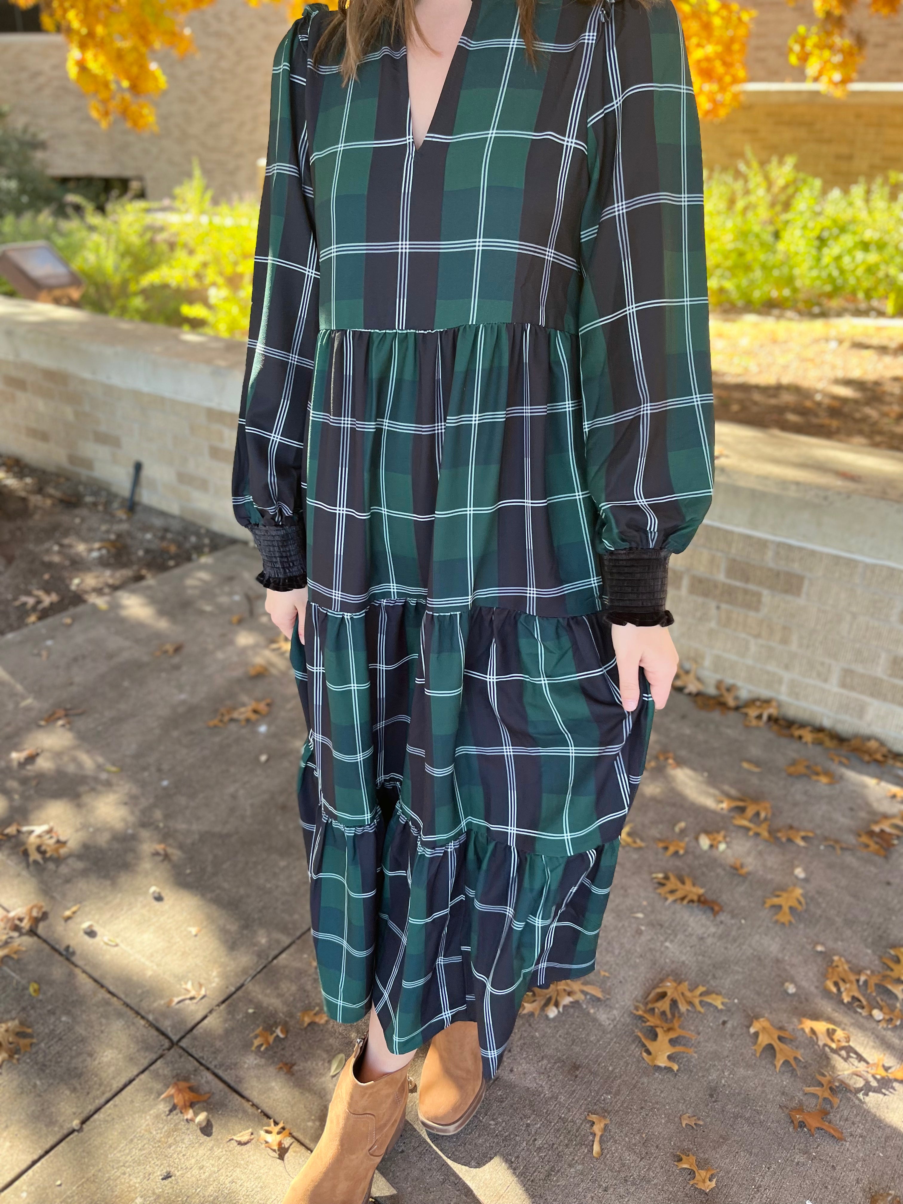 Long Sleeve Plaid Midi Dress- Emerald White