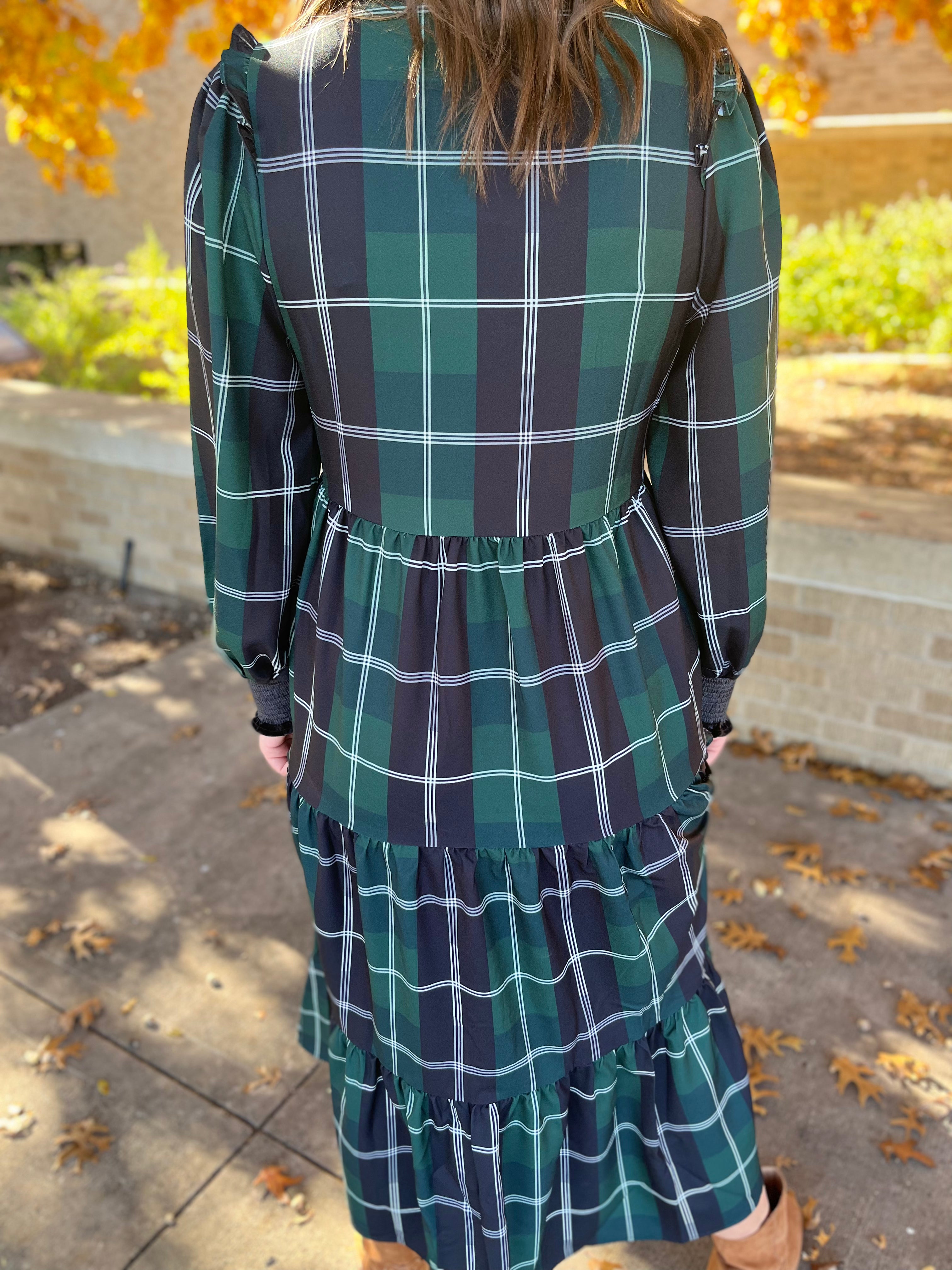 Long Sleeve Plaid Midi Dress- Emerald White