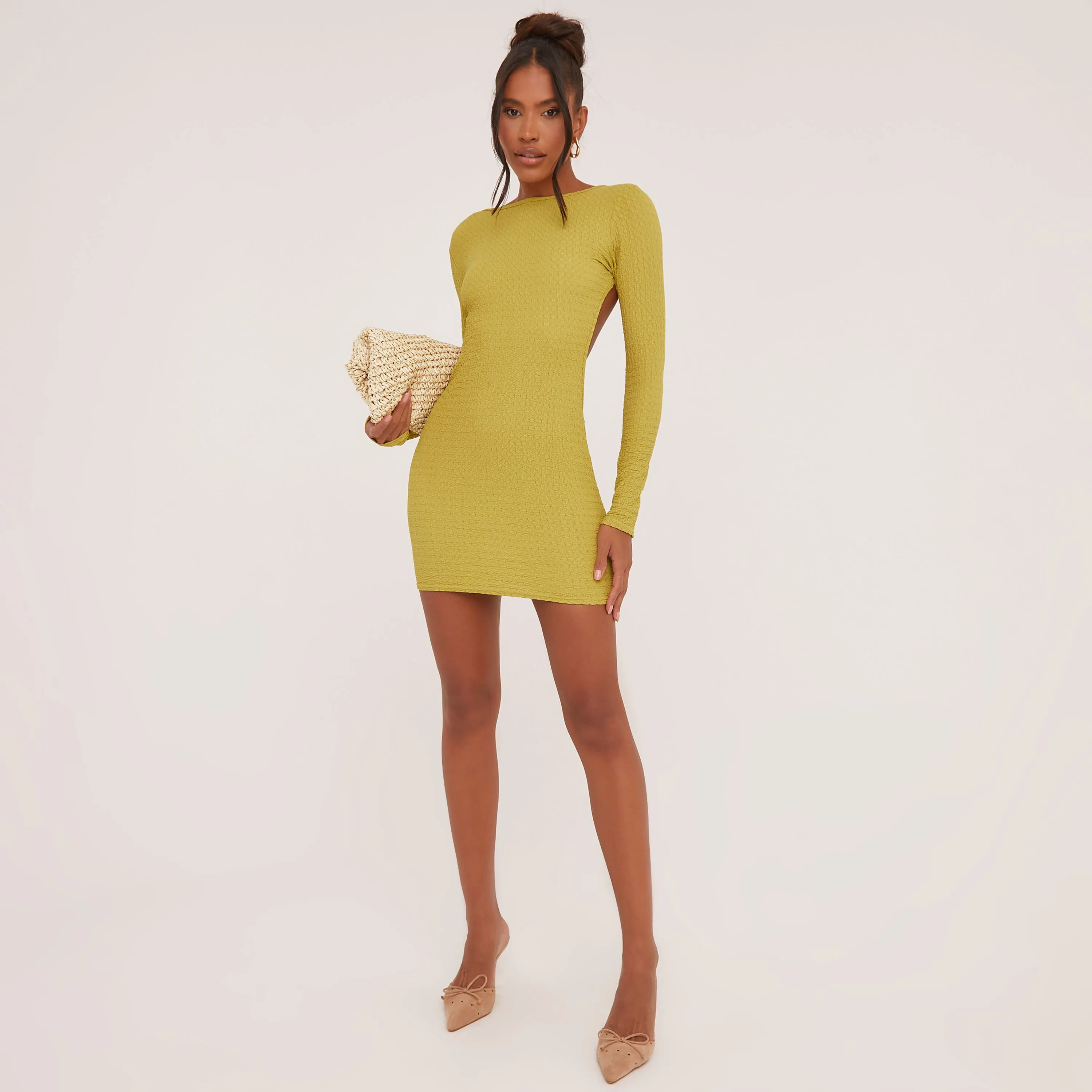 Long Sleeve Strappy Open Back Mini Bodycon Dress In Green Texture