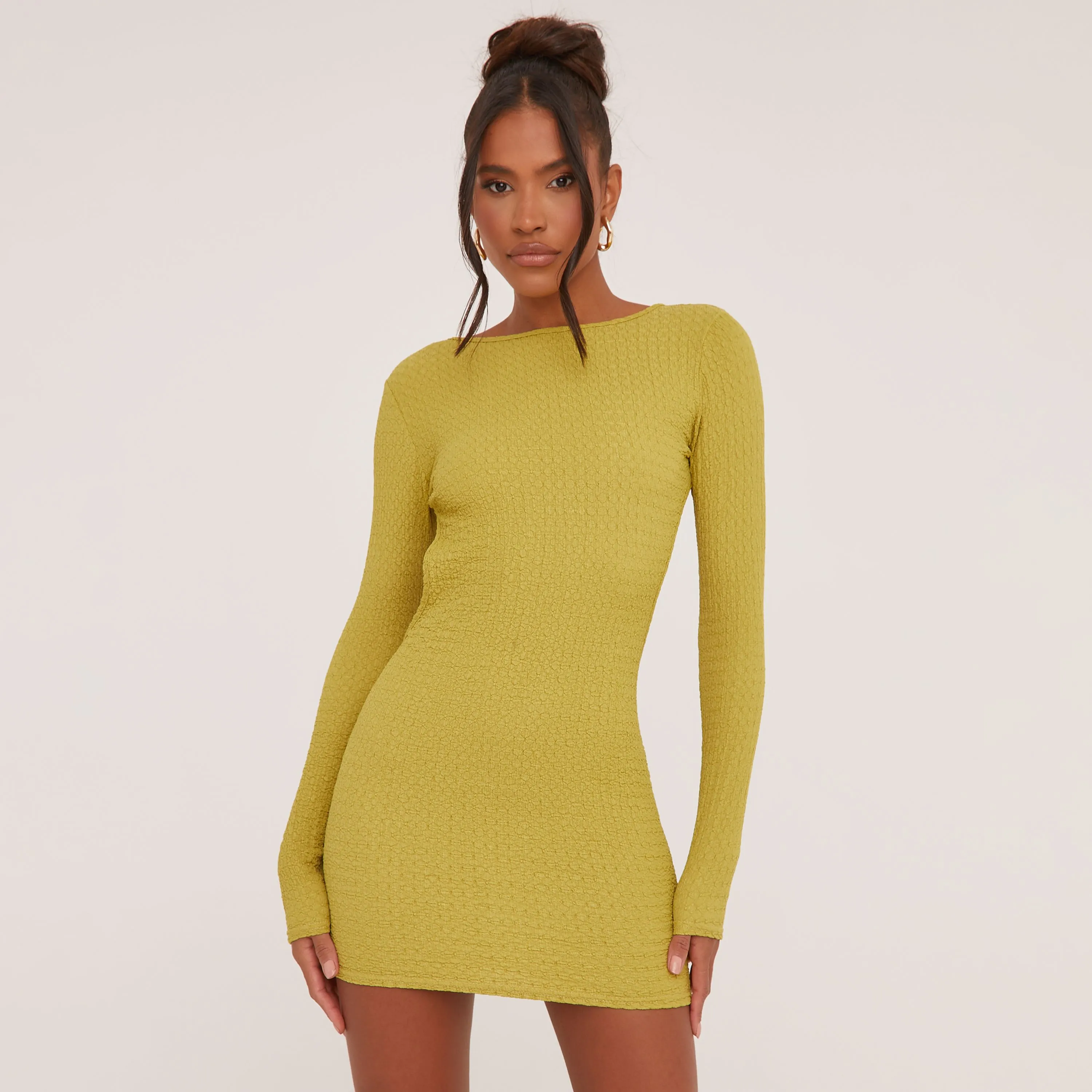 Long Sleeve Strappy Open Back Mini Bodycon Dress In Green Texture