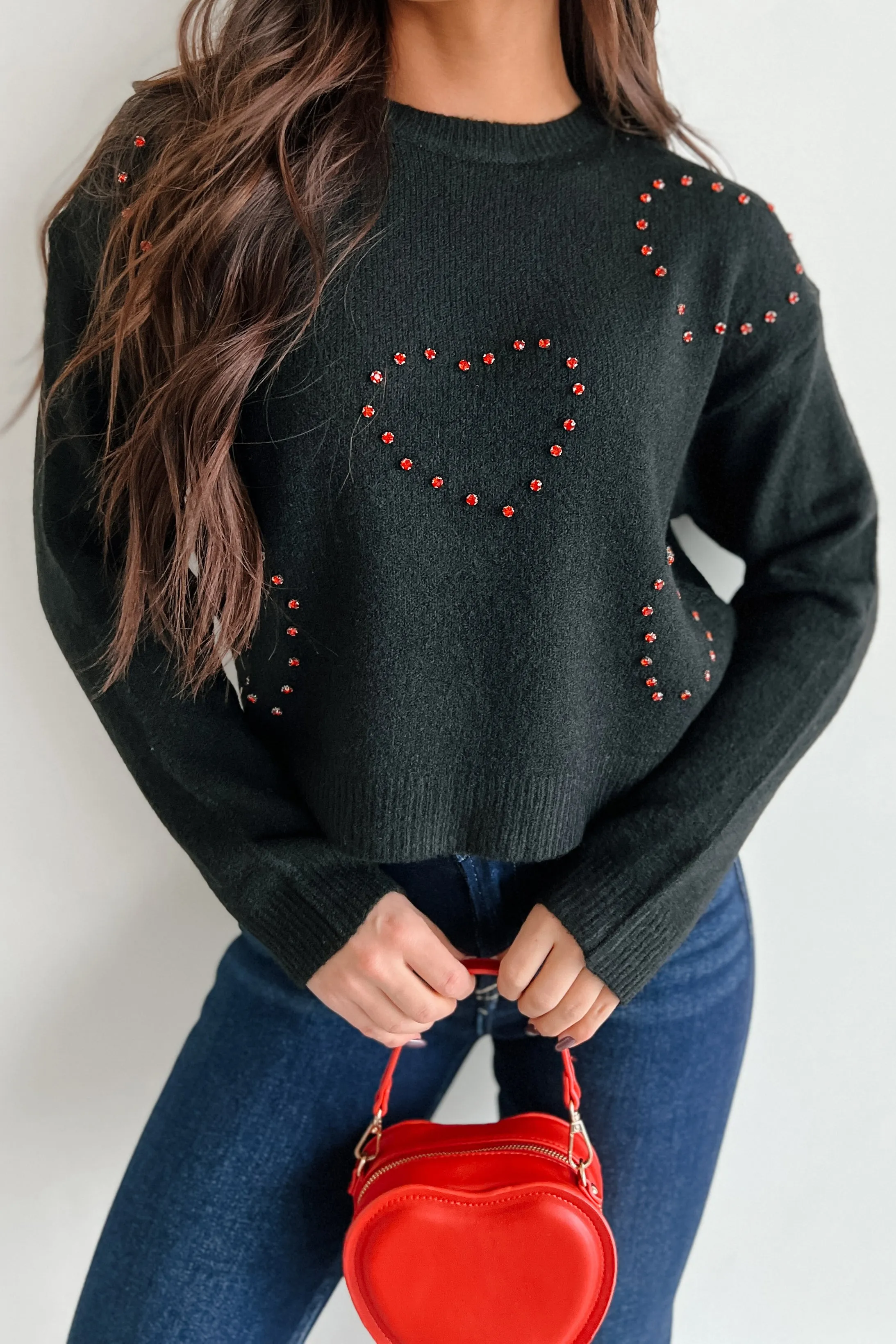 Loved You Forever Rhinestone Heart Sweater (Black)