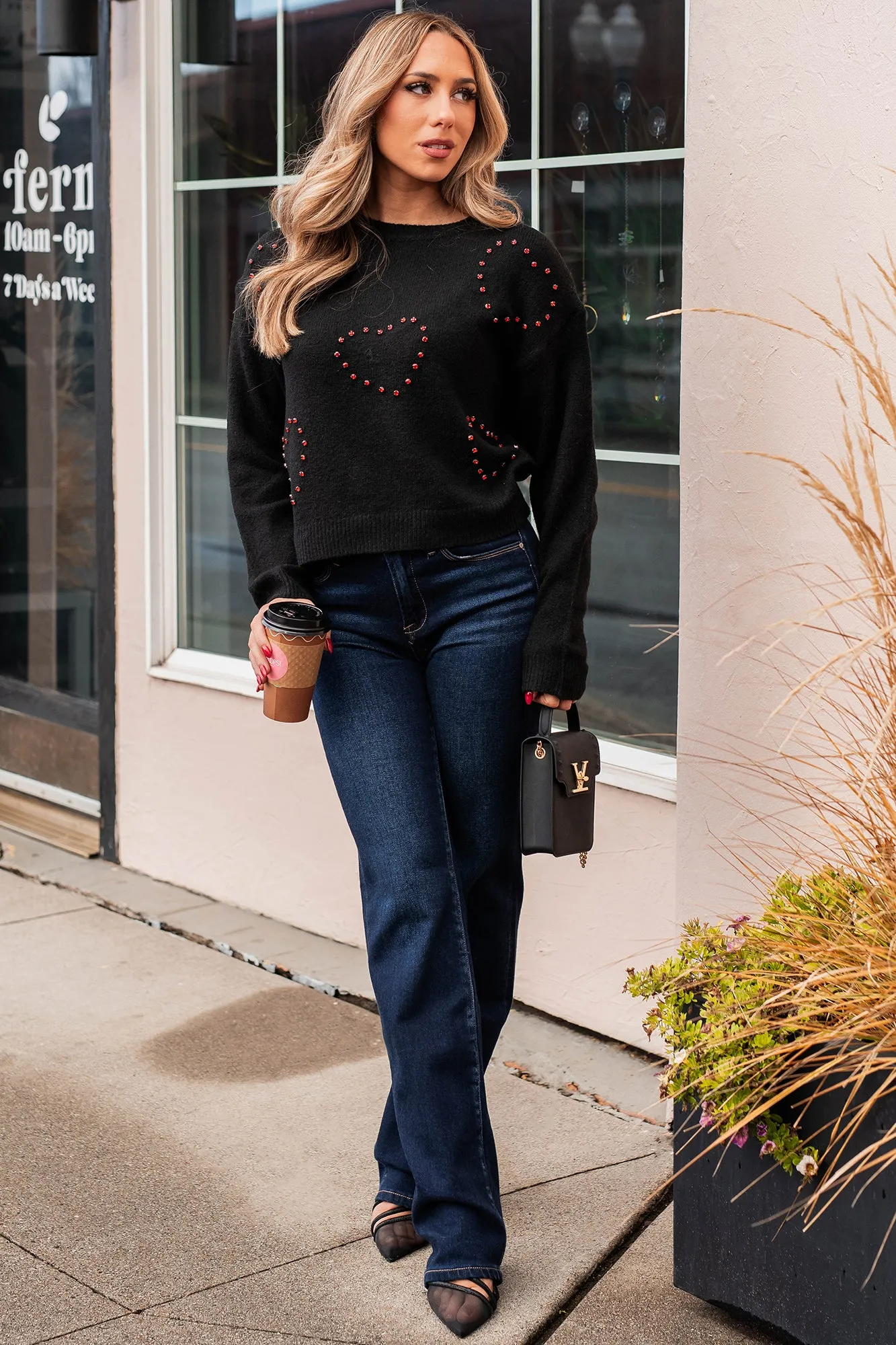 Loved You Forever Rhinestone Heart Sweater (Black)