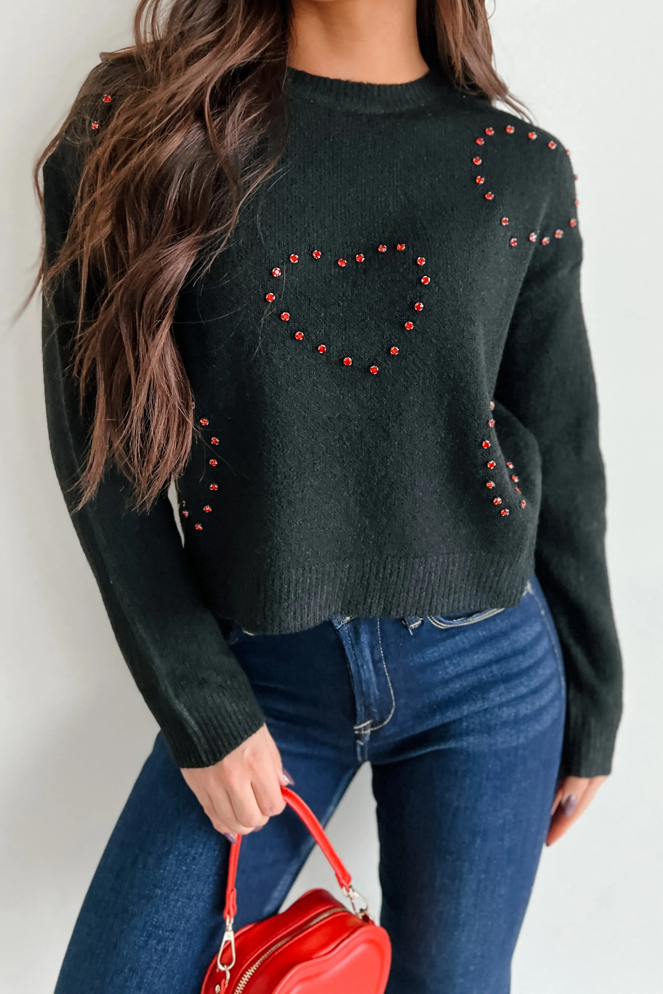 Loved You Forever Rhinestone Heart Sweater (Black)