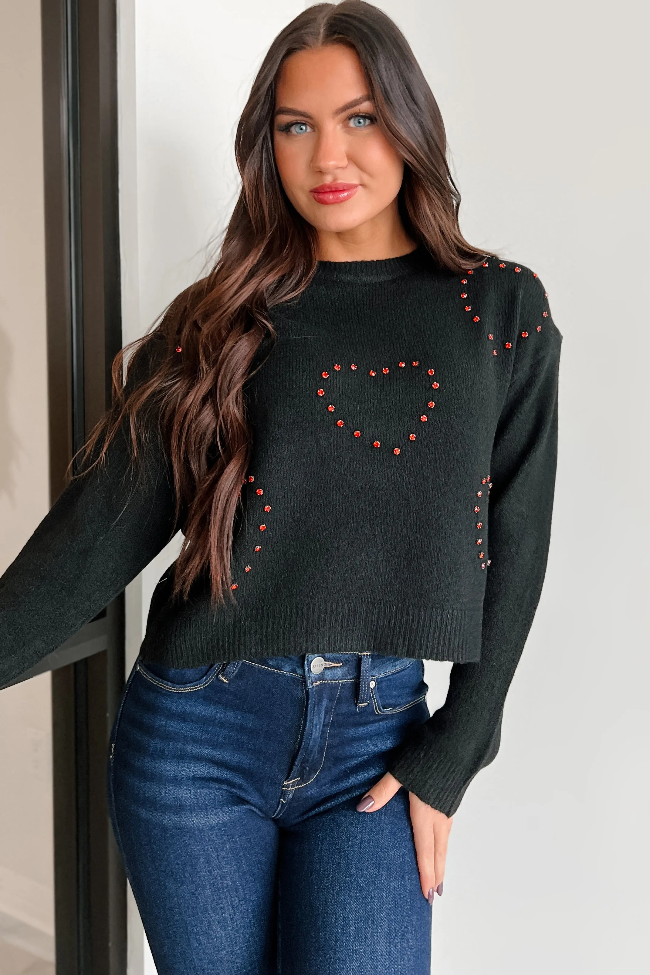 Loved You Forever Rhinestone Heart Sweater (Black)