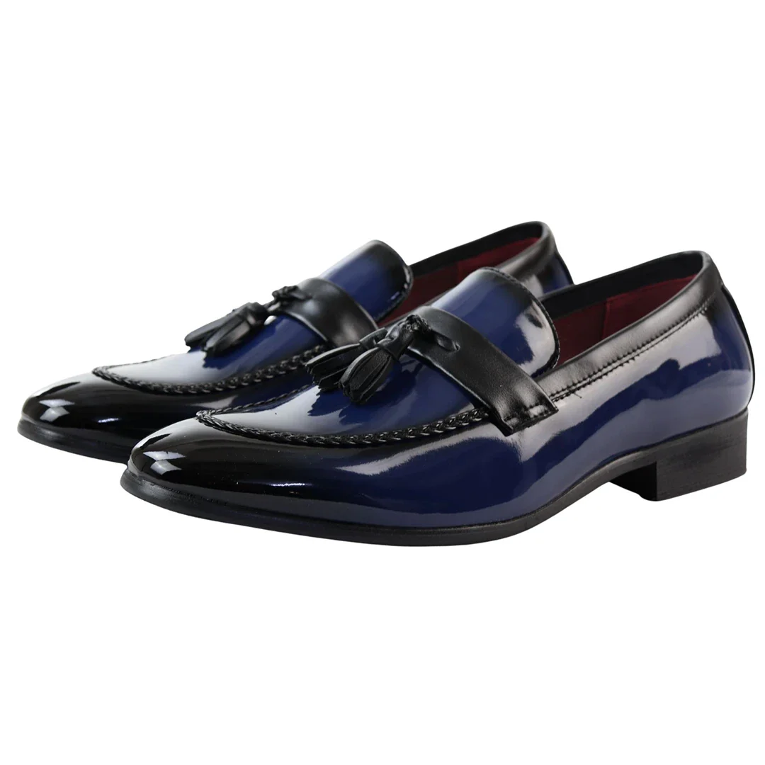 Men's Patent Tassel Slip On Blue Loafers