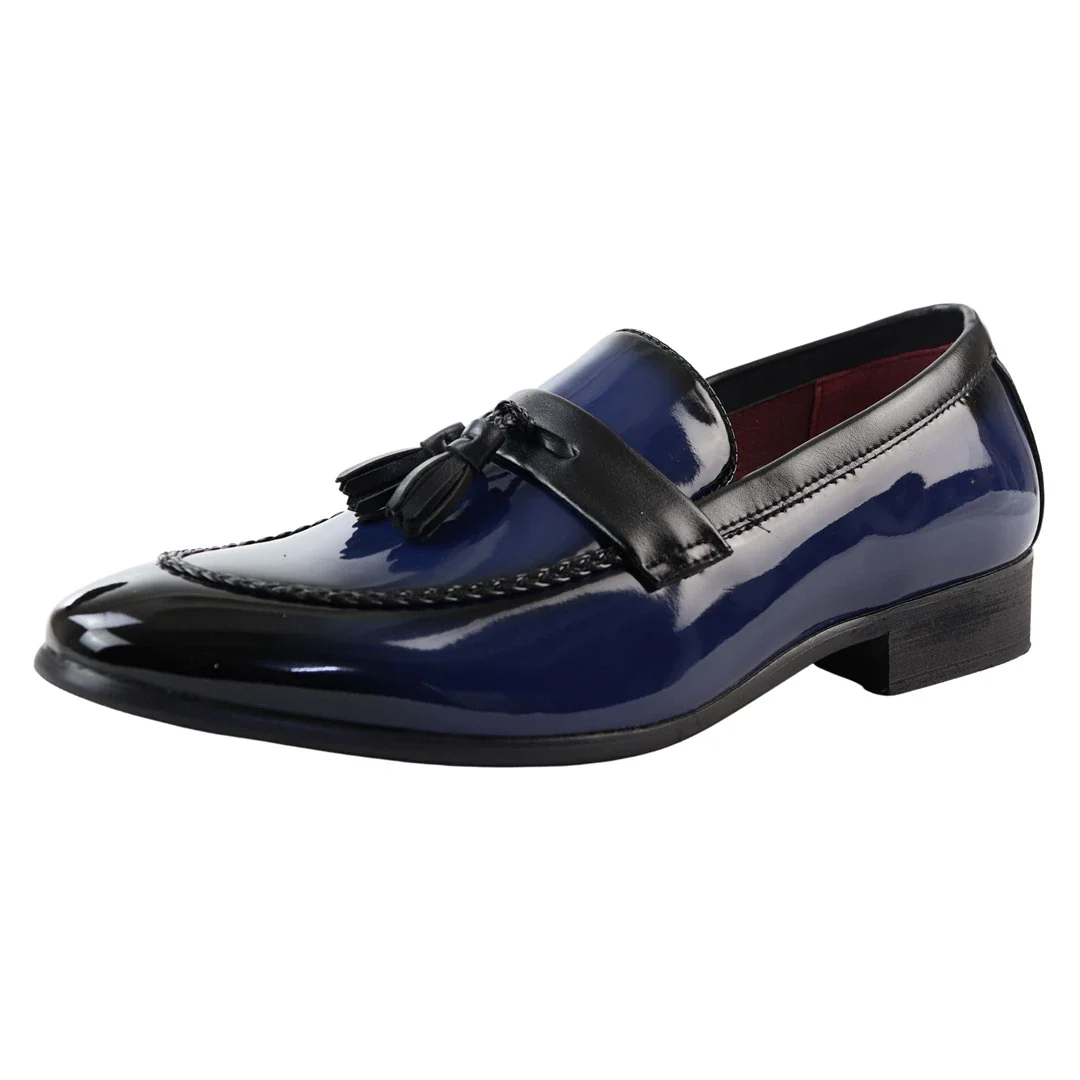 Men's Patent Tassel Slip On Blue Loafers