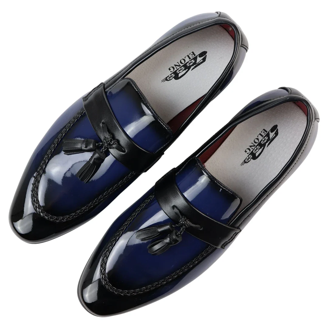 Men's Patent Tassel Slip On Blue Loafers