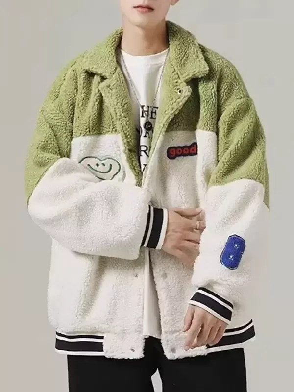 Men's Patchwork Fleece Jacket Loose Fit Thickened Winter Warm Coat