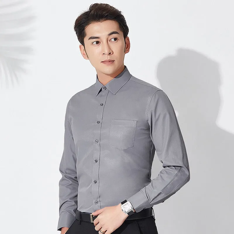 Men's Polyester Business Standard-fit Single Patch Pocket Long Sleeve Shirt