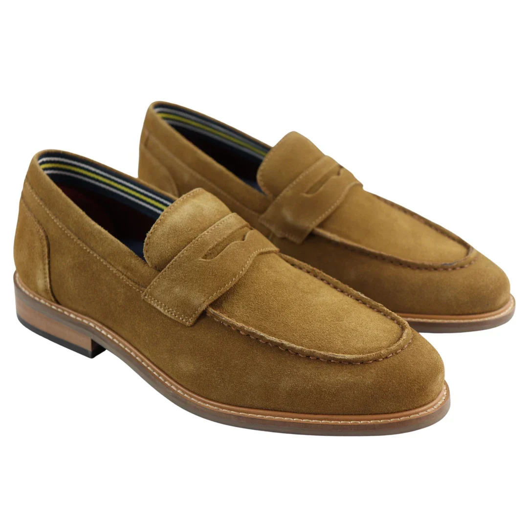 Mens Real Full Suede Slip On Loafers Boat Shoes Tan Smart Casual Classic Comfort Fit