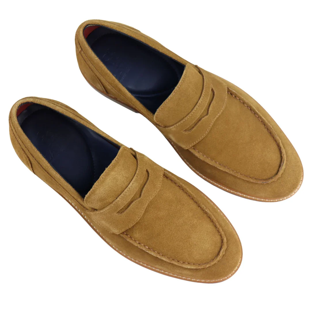 Mens Real Full Suede Slip On Loafers Boat Shoes Tan Smart Casual Classic Comfort Fit