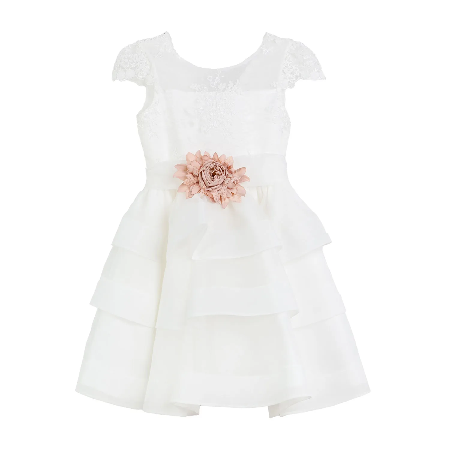 Mimilú Embroidered White Tulle Dress With Ruffles And Pink Flowers