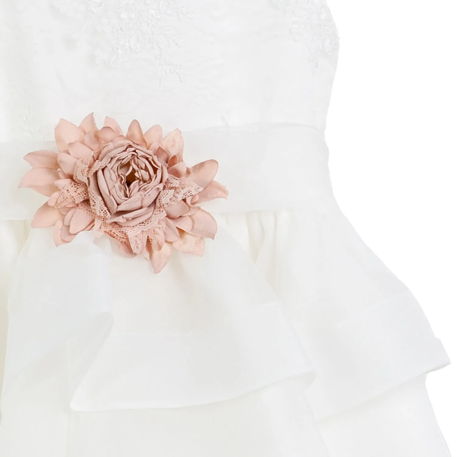 Mimilú Embroidered White Tulle Dress With Ruffles And Pink Flowers