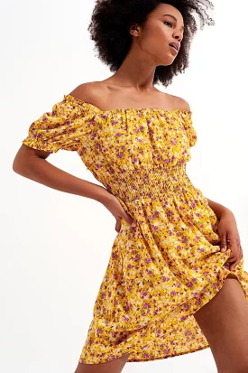 Mini Dress With Shirred Detail in Yellow Ditsy Floral Print