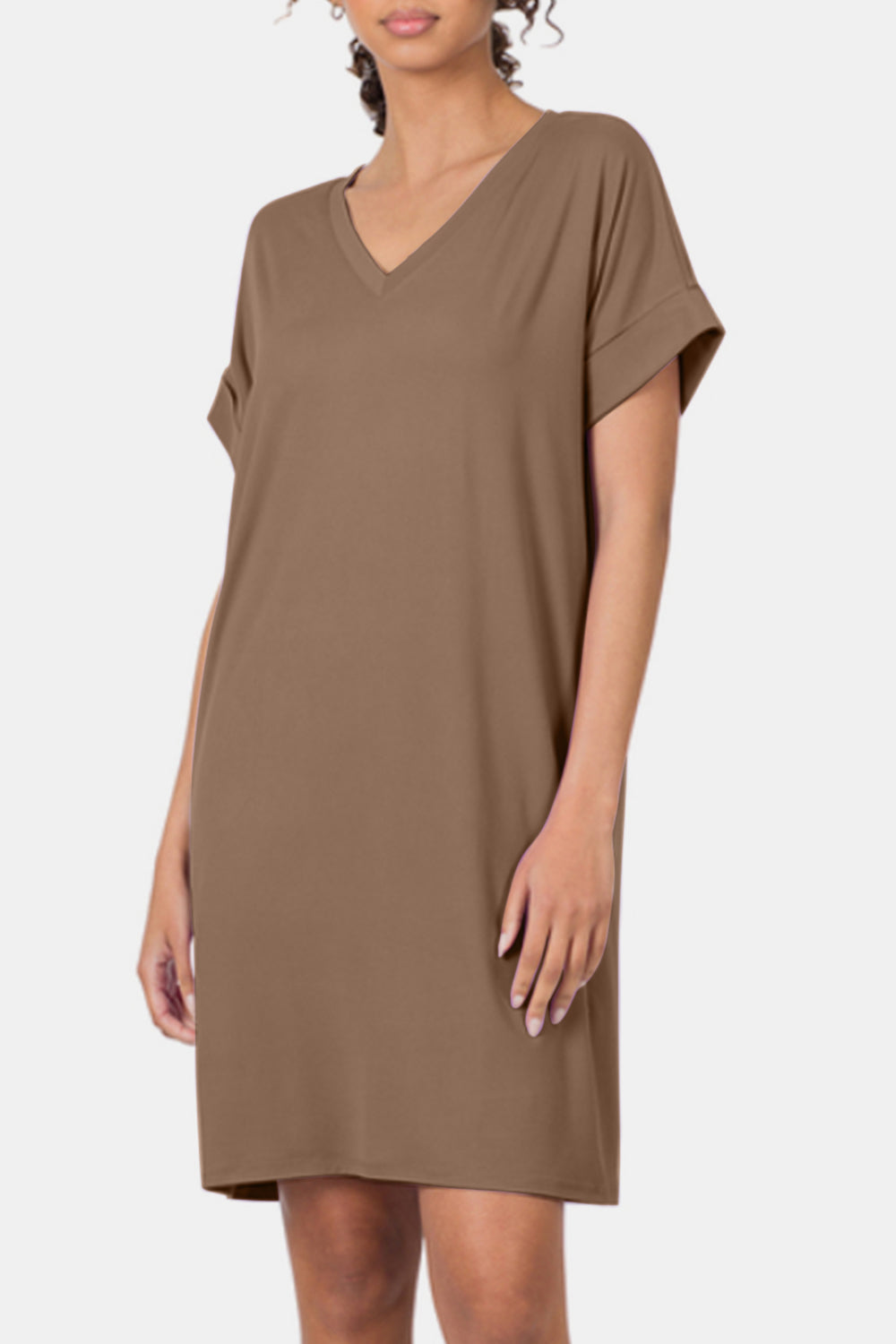 Mocha Rolled Short Sleeve V-Neck Dress