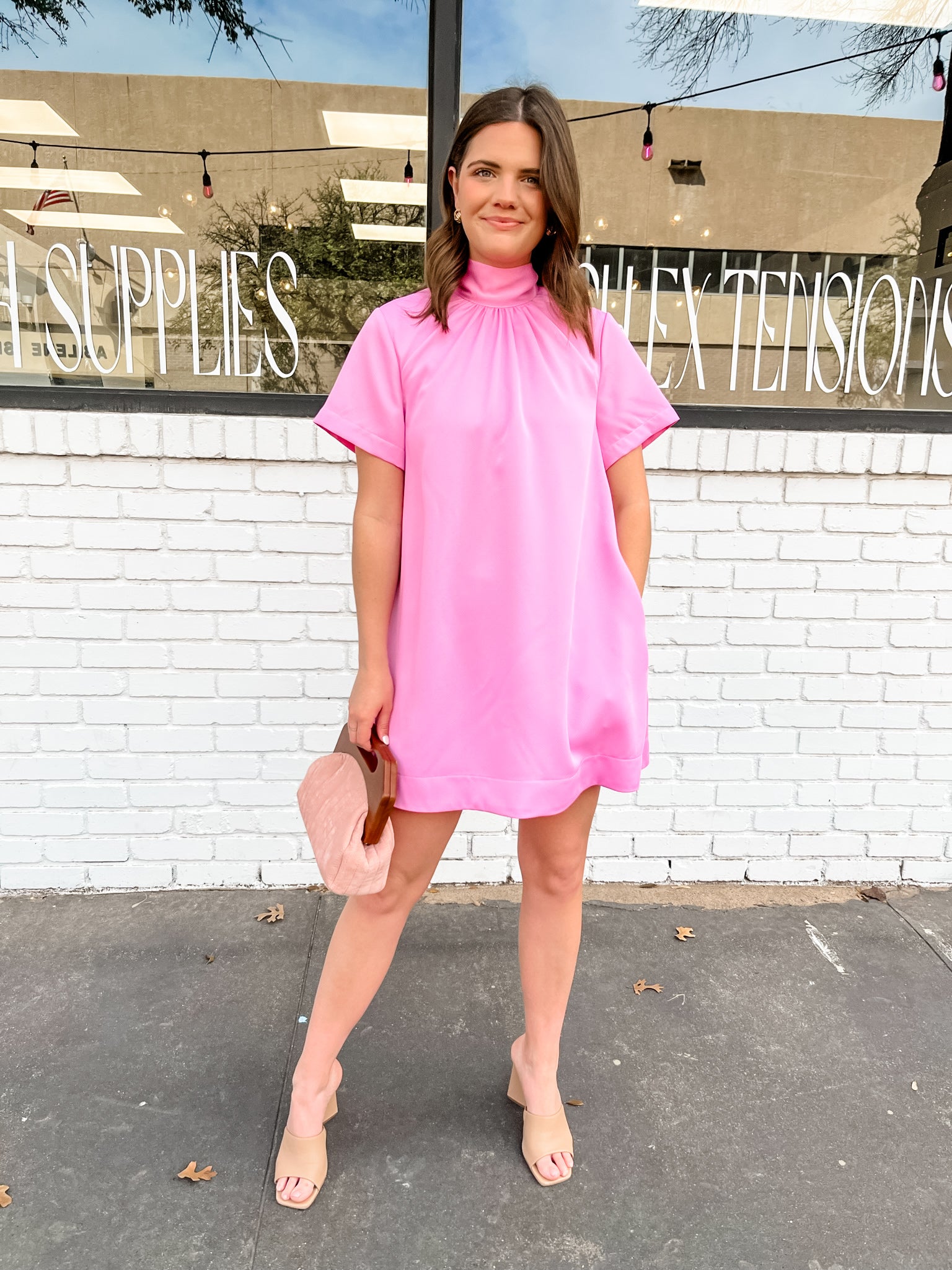 Mock Neck Mini Dress - Barbie Pink