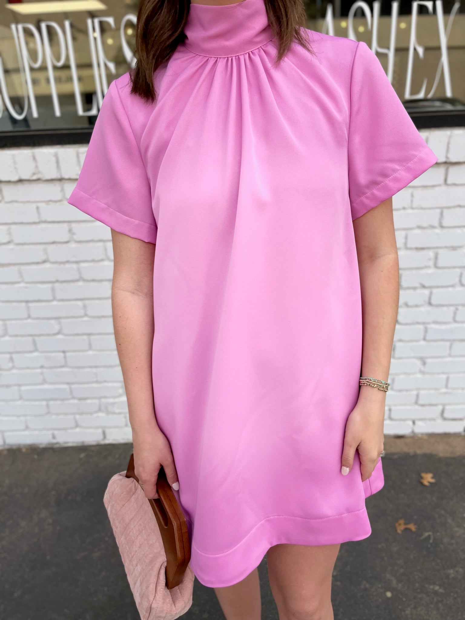 Mock Neck Mini Dress - Barbie Pink