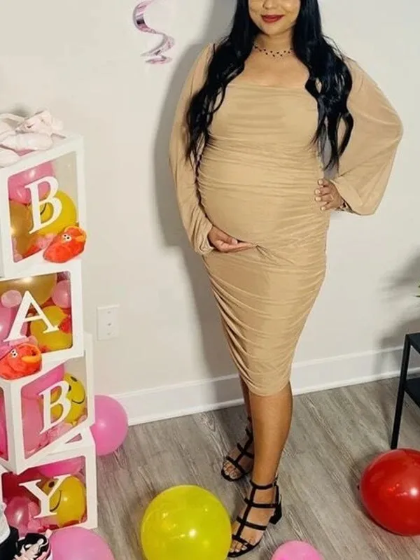 Momnfancy Ruched Belly Friendly Bodycon Lantern Sleeve Bandeau Mesh Babyshower Maternity Midi Dress