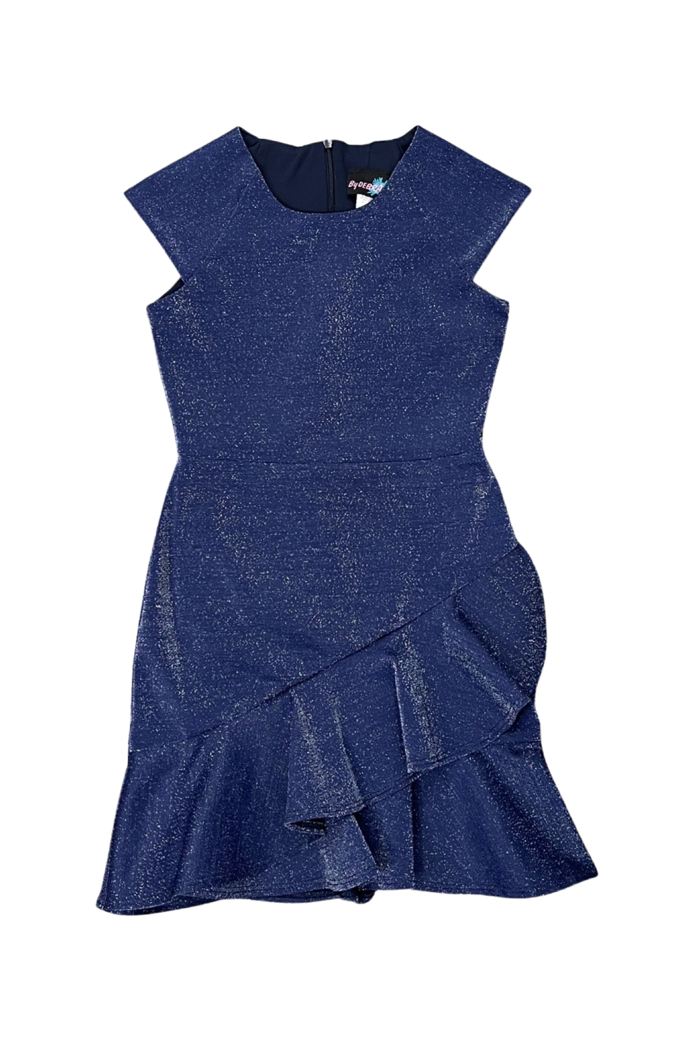 Navy Sparkle Cap Sleeve Ruffle Front Dress