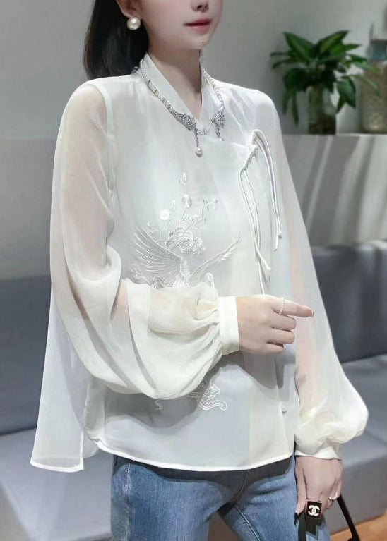 New White Embroidered Chinese Button Chiffon Shirt Spring QA1048