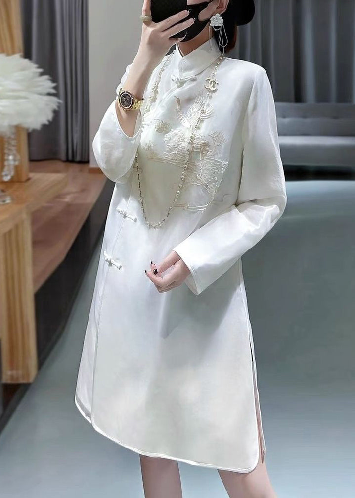 New White Stand Collar Embroidered Button Silk Shirt Long Sleeve QA1043