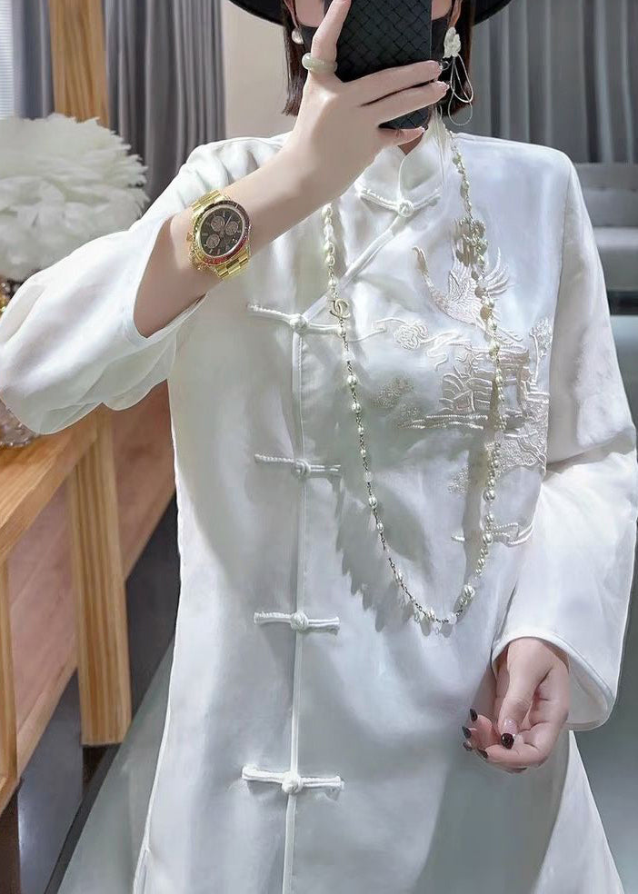 New White Stand Collar Embroidered Button Silk Shirt Long Sleeve QA1043