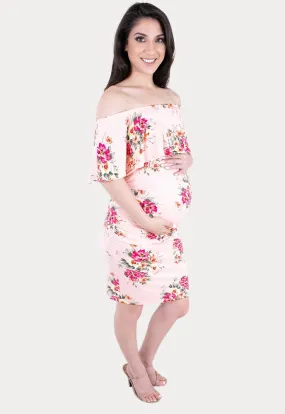 Off the Shoulder Papaya Floral Bodycon Maternity Dress