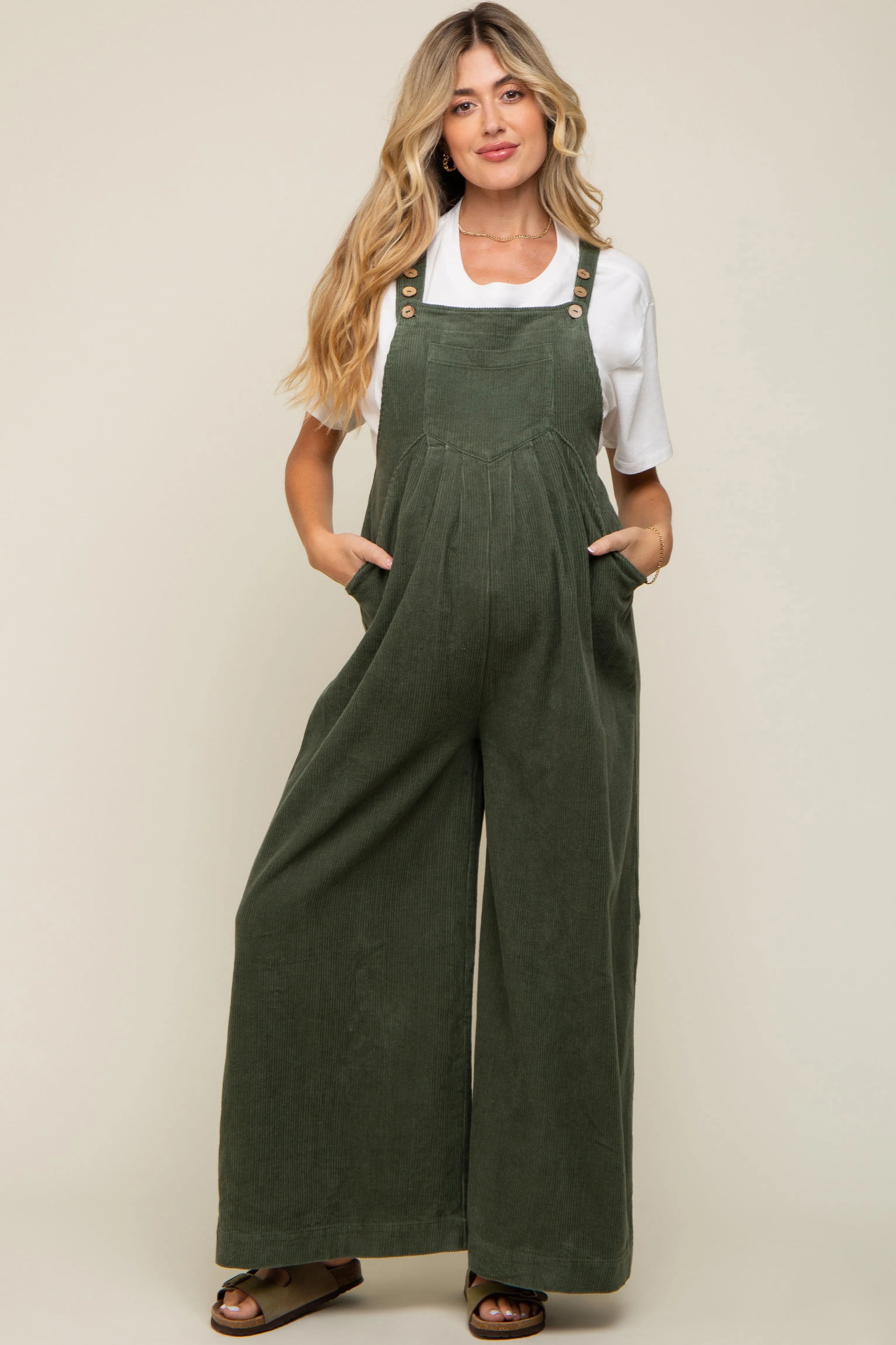 Olive Corduroy Front Pleated Wide Leg Maternity Overalls