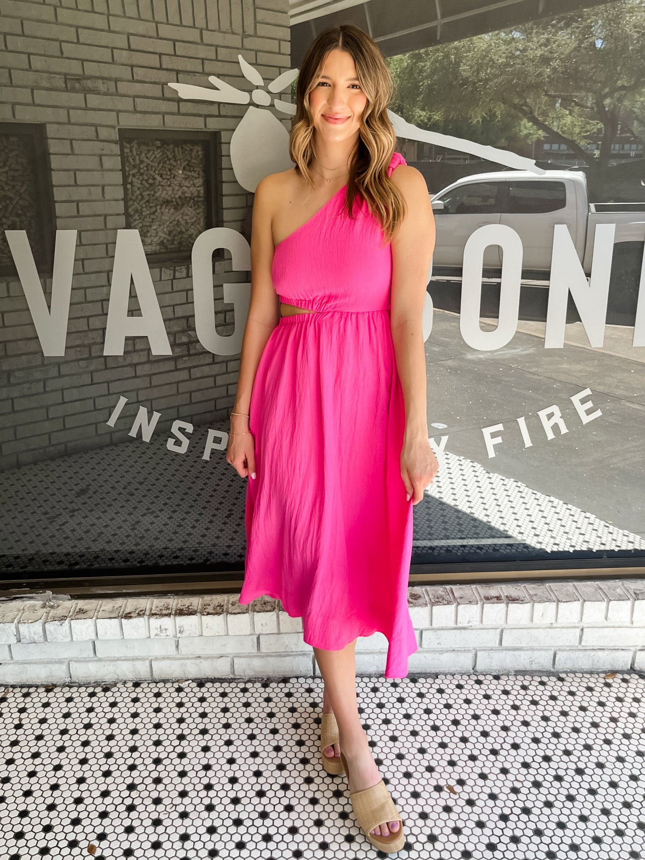 One Shoulder Cutout Midi Dress - Hot Pink