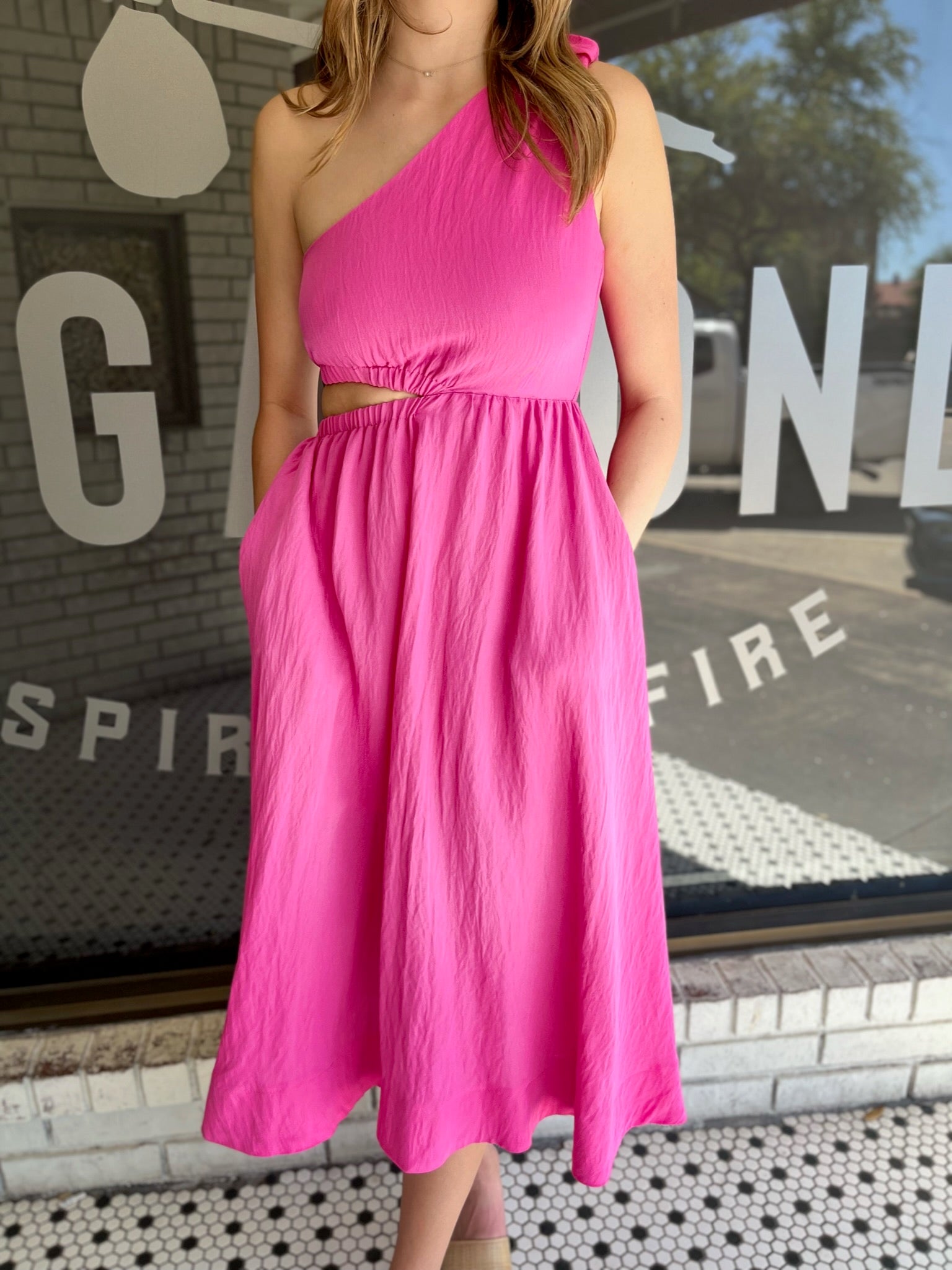 One Shoulder Cutout Midi Dress - Hot Pink