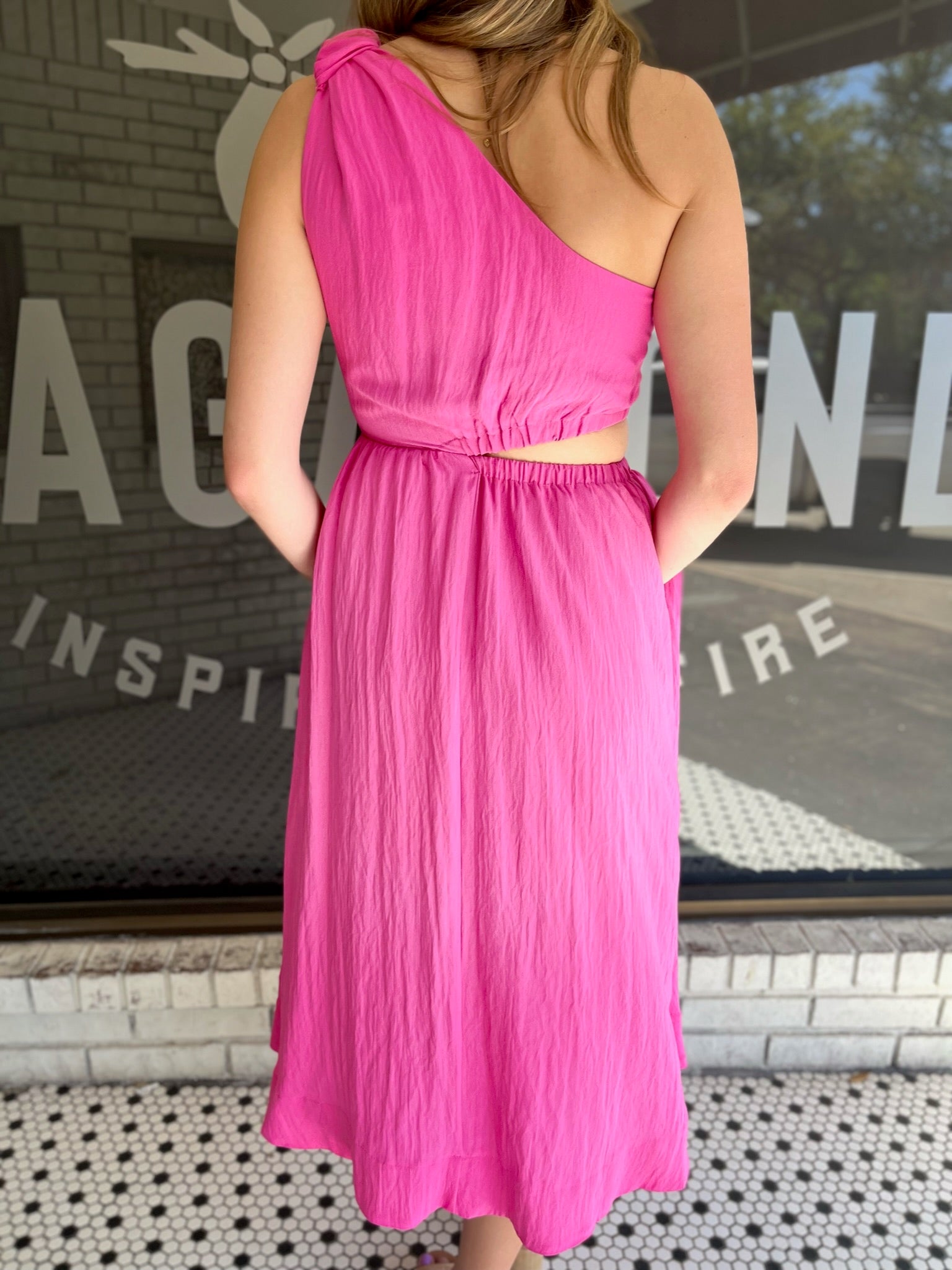 One Shoulder Cutout Midi Dress - Hot Pink