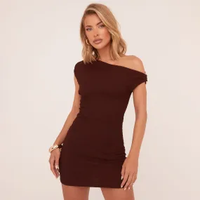 One Shoulder Textured Ring Detail Mini Bodycon Dress In Chocolate Brown Texture