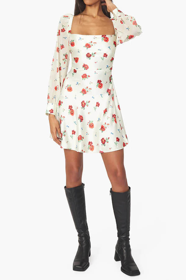 Optic white multi floral puff sleeve cowl dress