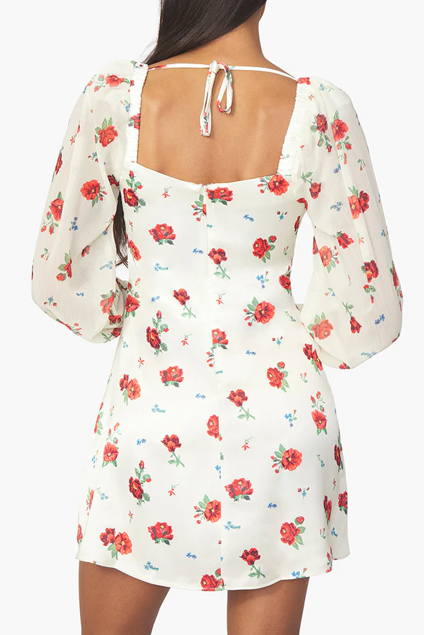 Optic white multi floral puff sleeve cowl dress