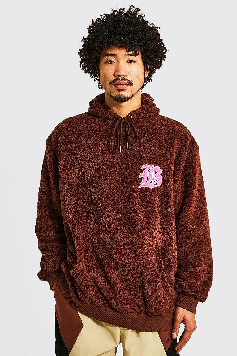 Oversized Applique B Borg Hoodie | boohooMAN UK