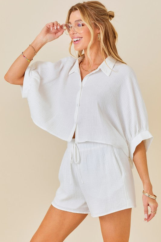 Oversized Gauze Button Down Cropped Shirt